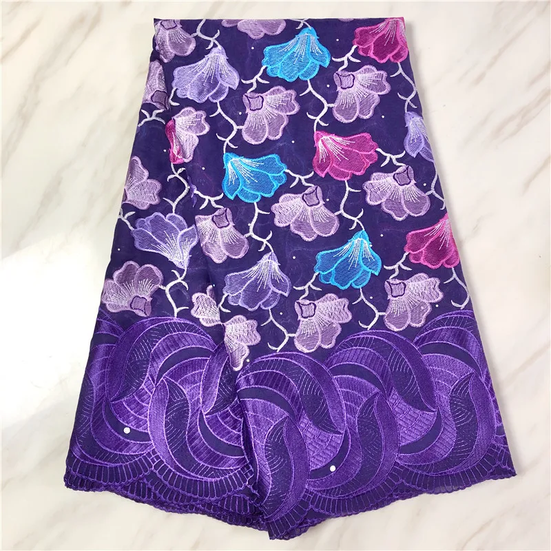 

Purple African Swiss cotton dry lace fabric Nigerian Swiss voile lace in Switzerland with stones Austria Dubai sewing materials