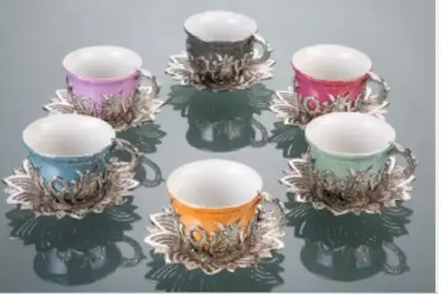 

WONDERFUL TulipSİLVER Color Coffee Set COLOR PAINTED WHITE PORCELAIN For Six Person PERSONAL SET SET FREE SHİPPİNG