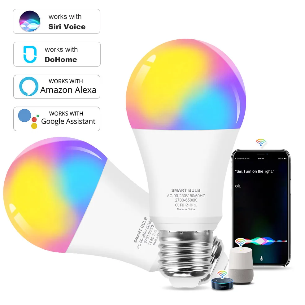 

Wifi Smart Light Bulb 12W E27 Led RGB Lamp Work with Alexa/Google Home RGB + C+W Dimmable Timer Function Magic Bulb Siri Control