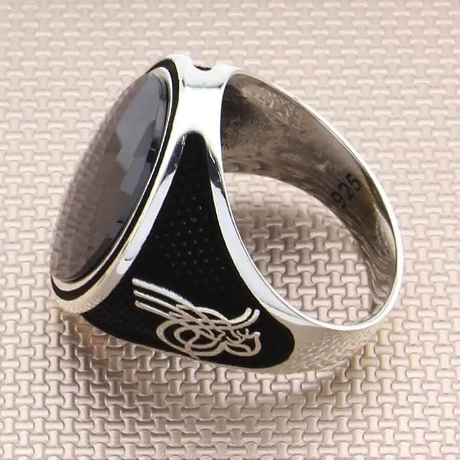 

Ottoman Tugra Patterned Facet Cut Black Zircon Sterling Silver Men's Ring Fashion Turkish Premium Quality Handmade Jawelery