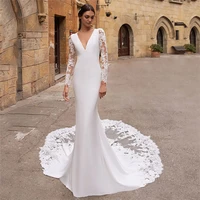weilinsha mermaid v neck wedding dresses with lace court train applique long sleeves bridal dresses button back vestido de novia