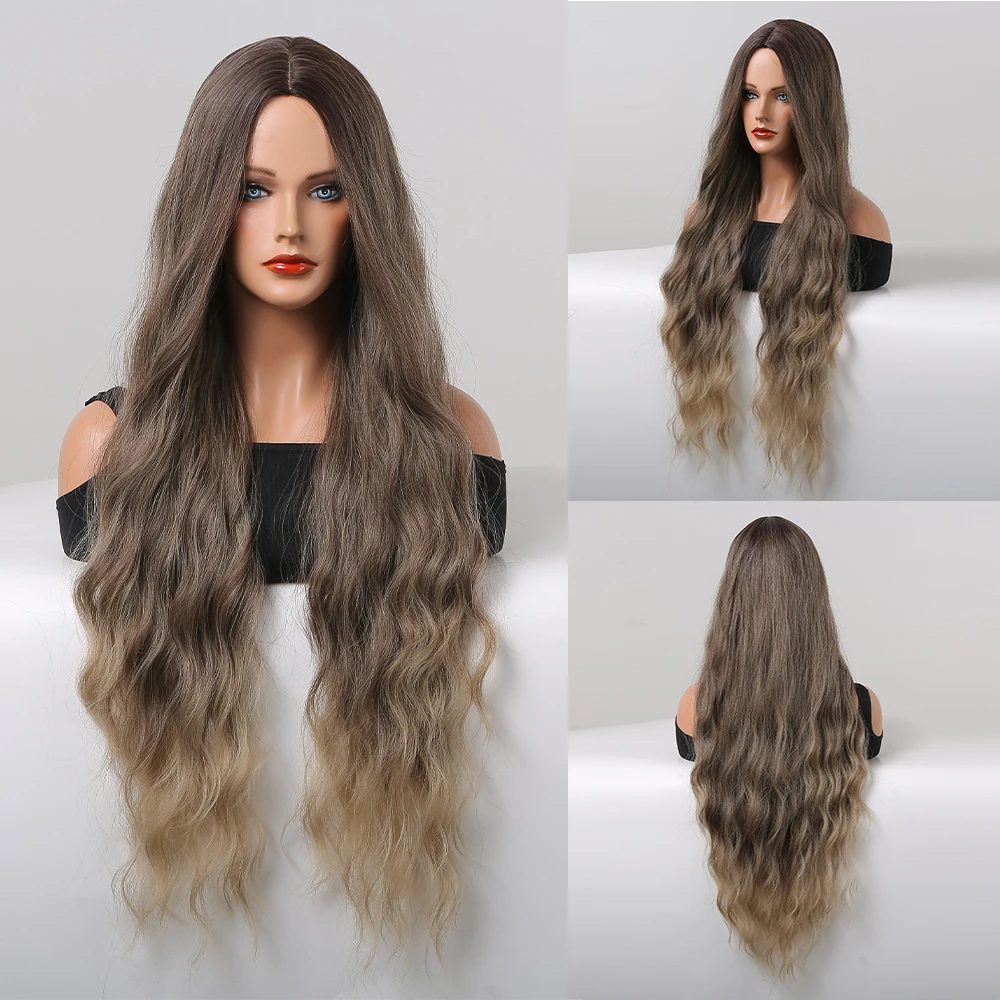 

Long Body Wave Synthetic Hair Wigs Ombre Brown Middle Part Wig for Black Women Daily Lolita Cosplay Party Heat Resistant Fiber