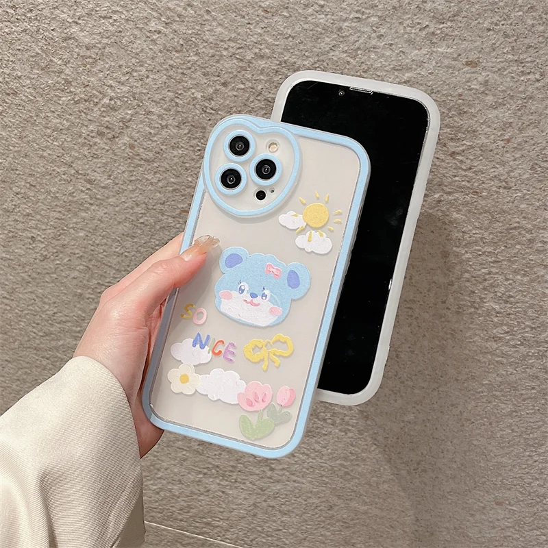 Cute Bear Flower Oil Painting Phone Case For iphone 13 12 11 Pro Max X XR XS Cover Fashion Cartoon Clear Soft Silicone Cases |