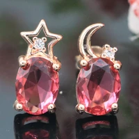 13x6mm lovely cute moon star 2 3g pink tourmaline daily wear rose gold silver earrings drop shipping