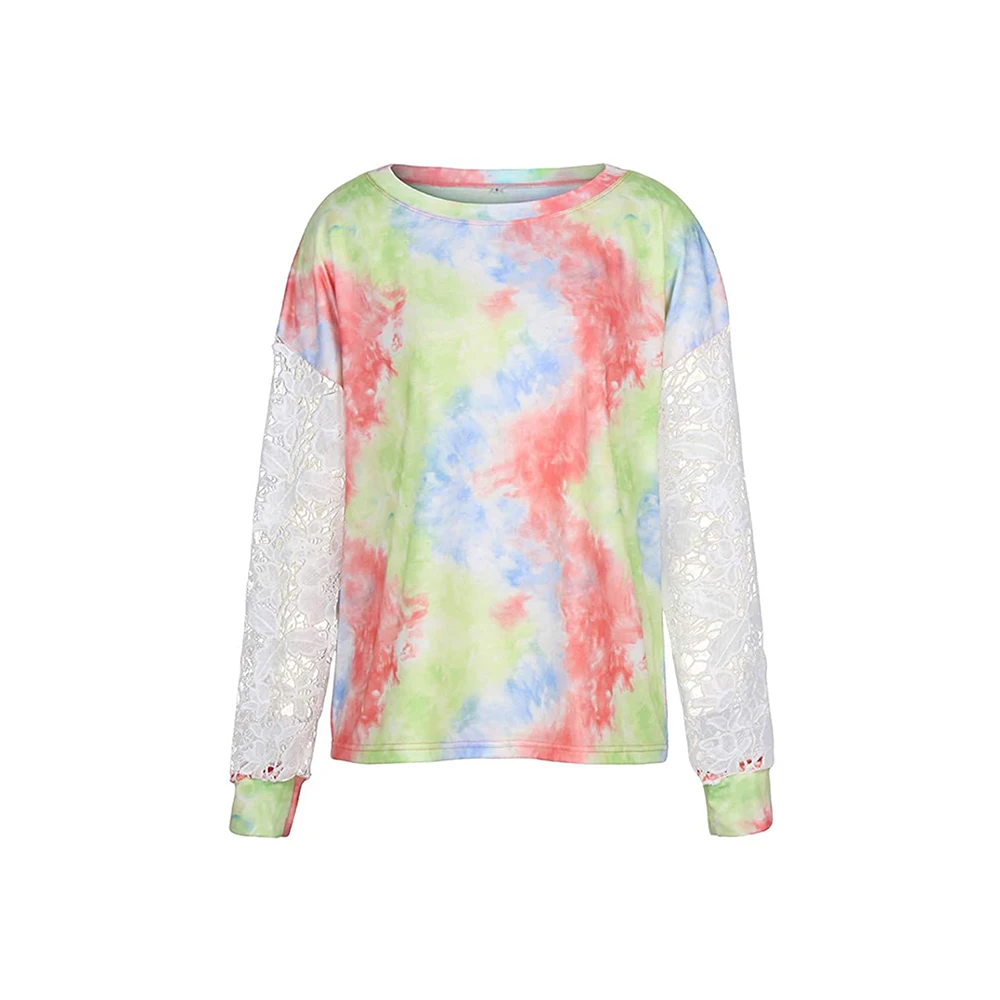 

Women Lace Floral Patchwork Shirt Crochet Hollow Out Tie Dye Print Elegant Fashion Harajuku Vintage Tops Casual Femme Sweatshirt