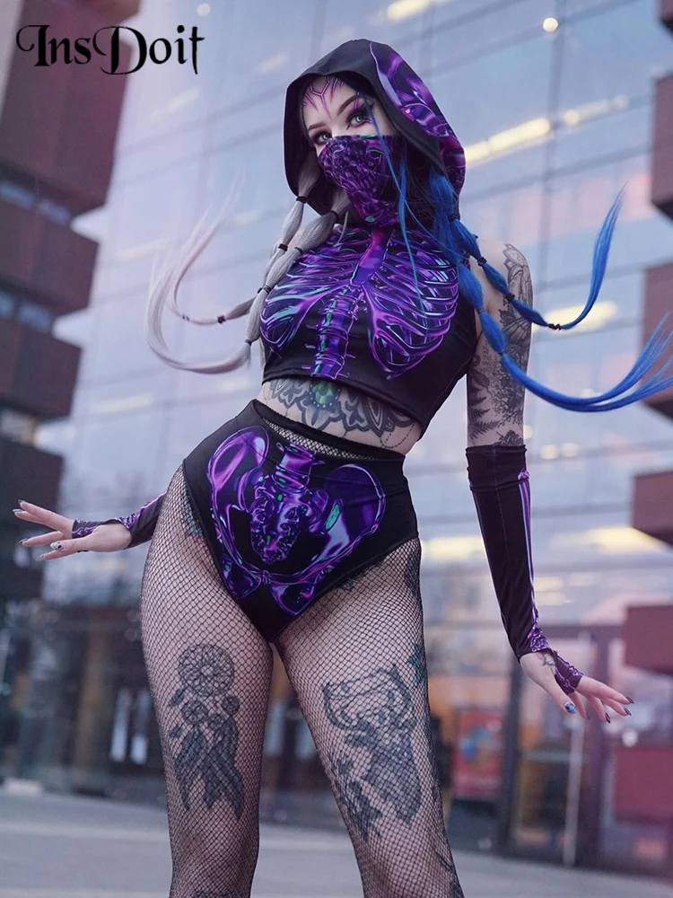 Женская готическая маска на лицо InsDoit фиолетовая толстовка с капюшоном