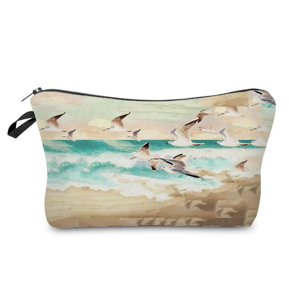 

Beach Landscape Cosmetic Bags High Quality Storage Bag New Hot Sale Small Toiletry Bag Seagull Printed Women's Casual Makeup Bag