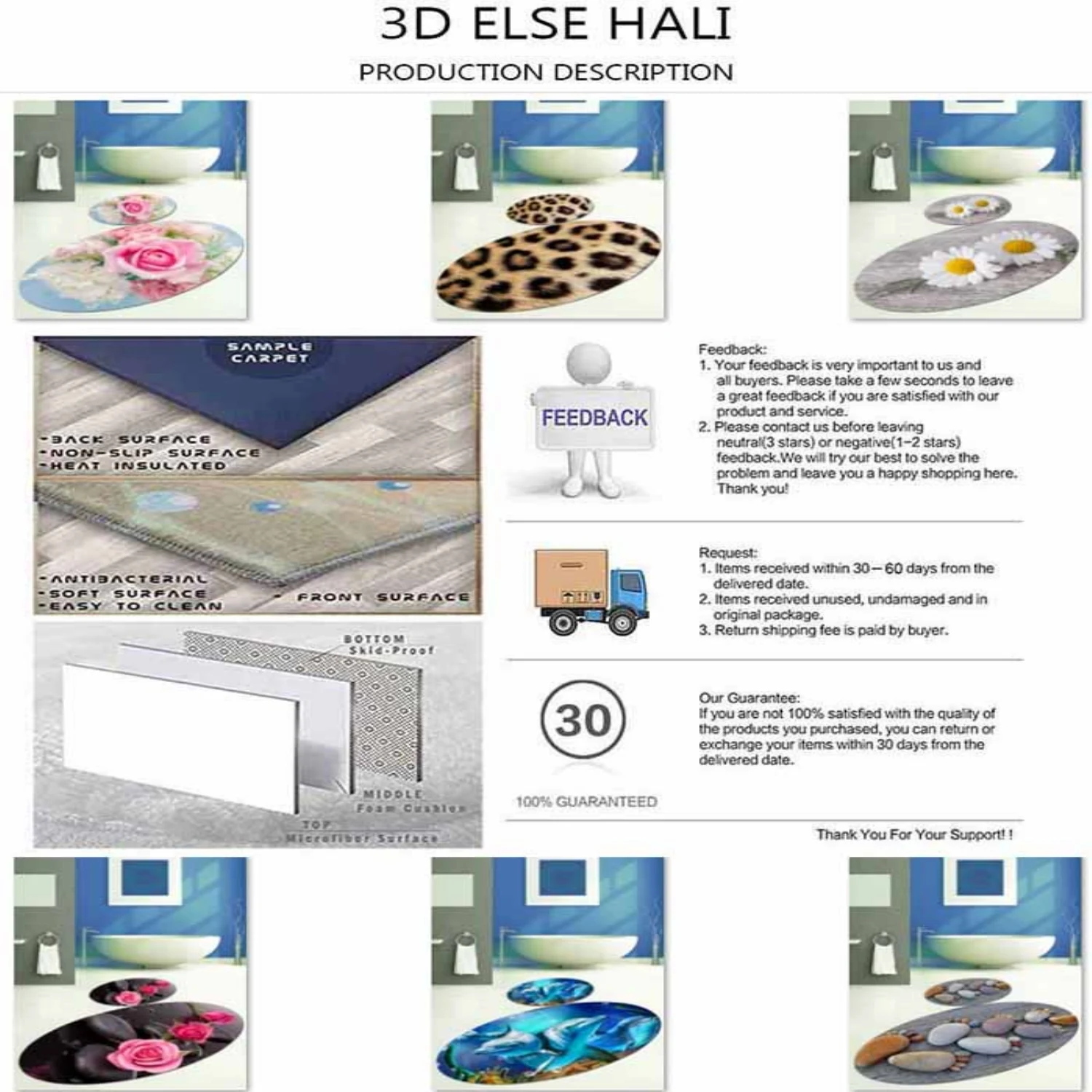 Else Gray Floon White Yellow Daisy Flower Oval 2 Pcs 3d Pattern Print Bath Mats Anti Slip Soft Washable Bathroom Mat Toilet Rugs | Дом и сад