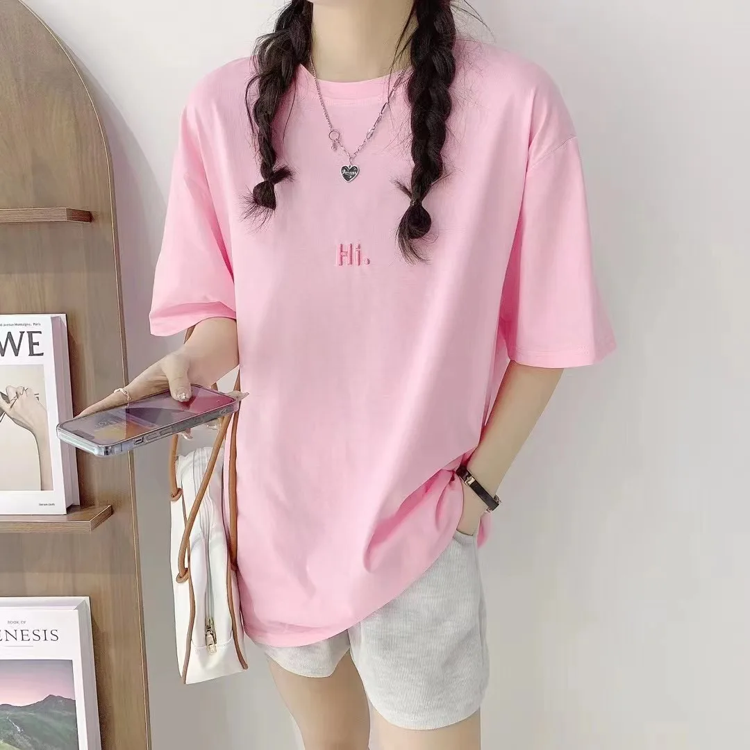 

Футболка женская базовая с коротким рукавом, Классический Топ оверсайз из чистого хлопка с вышивкой, цвет РОЗОВЫЙ, лето 2022