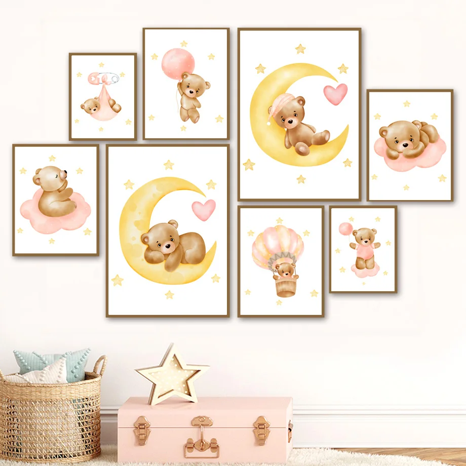 

Декор для детской комнаты: луна, облако, звезды, воздушный шар, милый медведь, настенная Картина на холсте, скандинавские плакаты и принты