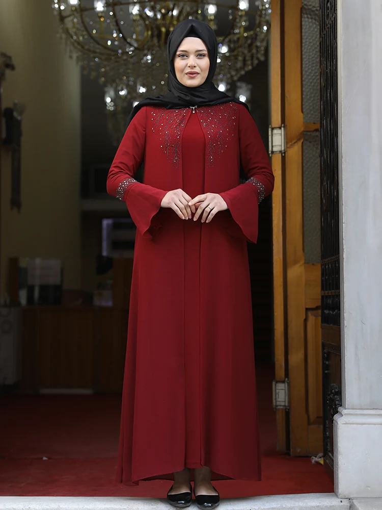 

Women's Abaya Dress Sleeves Walloon Stone Embroidered Front Muslim Islamic Hijab Clothing Flexible Fabric Large Size High Turkey
