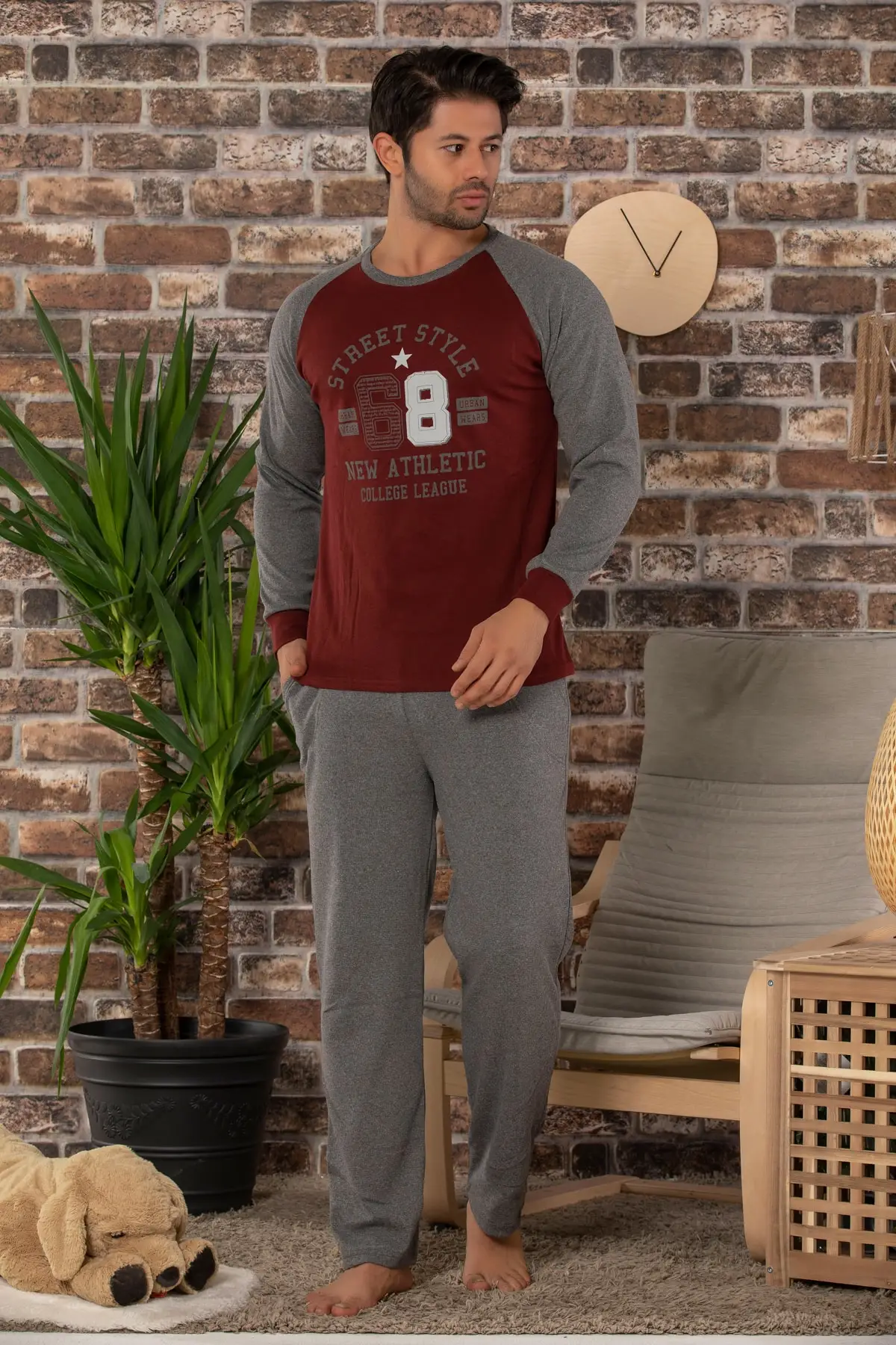 Клубничный Мужской зеленый хлопковый Пижамный костюм с длинными