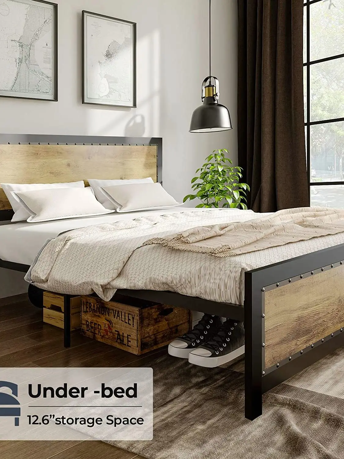 

Full/Queen Bed Frame Metal with Headboard/Platform with Rivet Decoration &13 Strong Metal Slats Support/Noise Free/Easy Assembly