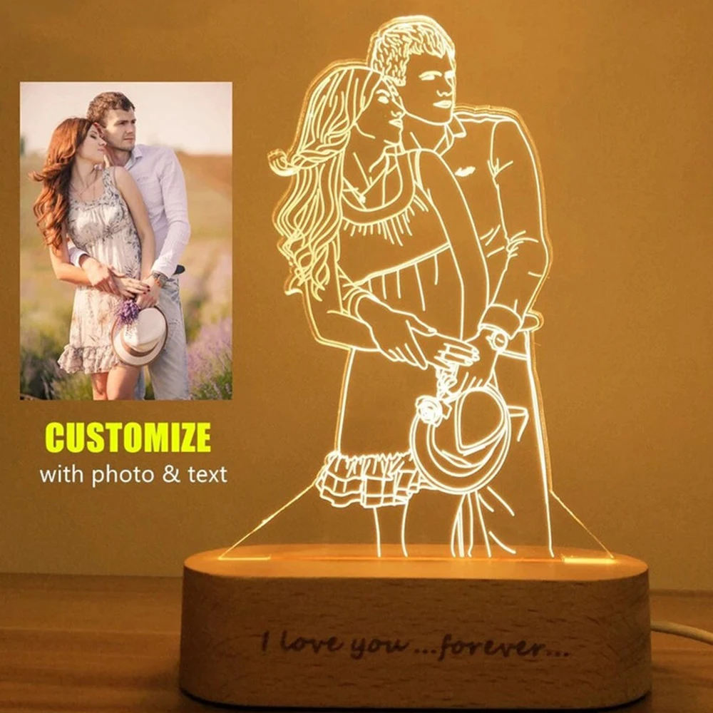 Personalized Custom Wooden Photo Frame Photo Text Customized USB LED 3D Lamp Bedroom Night Light Wedding Anniversary Birthday Gi