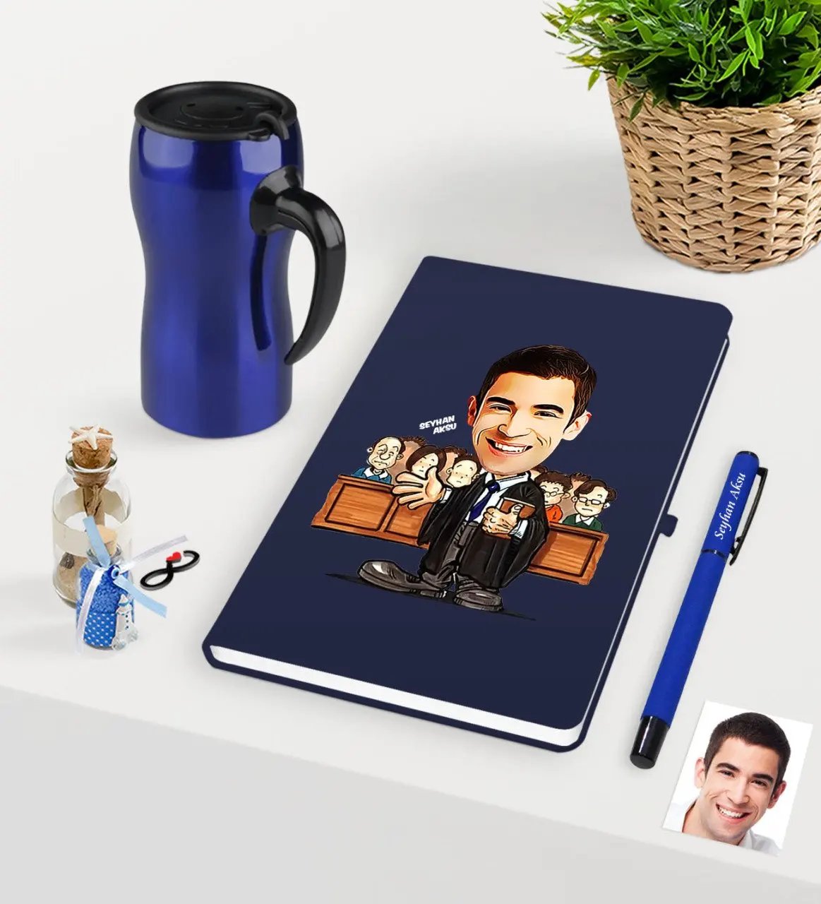 

Personalized Mr Attorney Caricature Of Navy Blue Notebook pen And Thermos Mug set-2