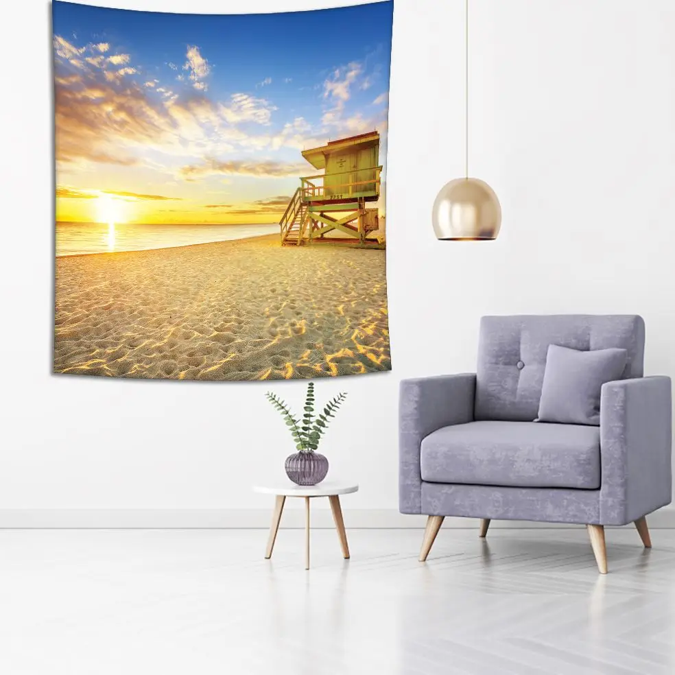 Tapestry Miami South Beach Sunrise Lifeguard with Tower Coastline Colorful Cloud Scenery Blue Yellow Beige | Дом и сад