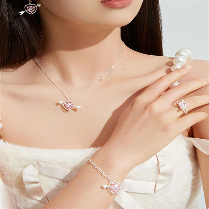 

Romantic Pink Cupid Arrow Heart Pendant Necklace For Women Fashion Korean Clavicle Necklace Wedding Anniversary Jewelry Gifts