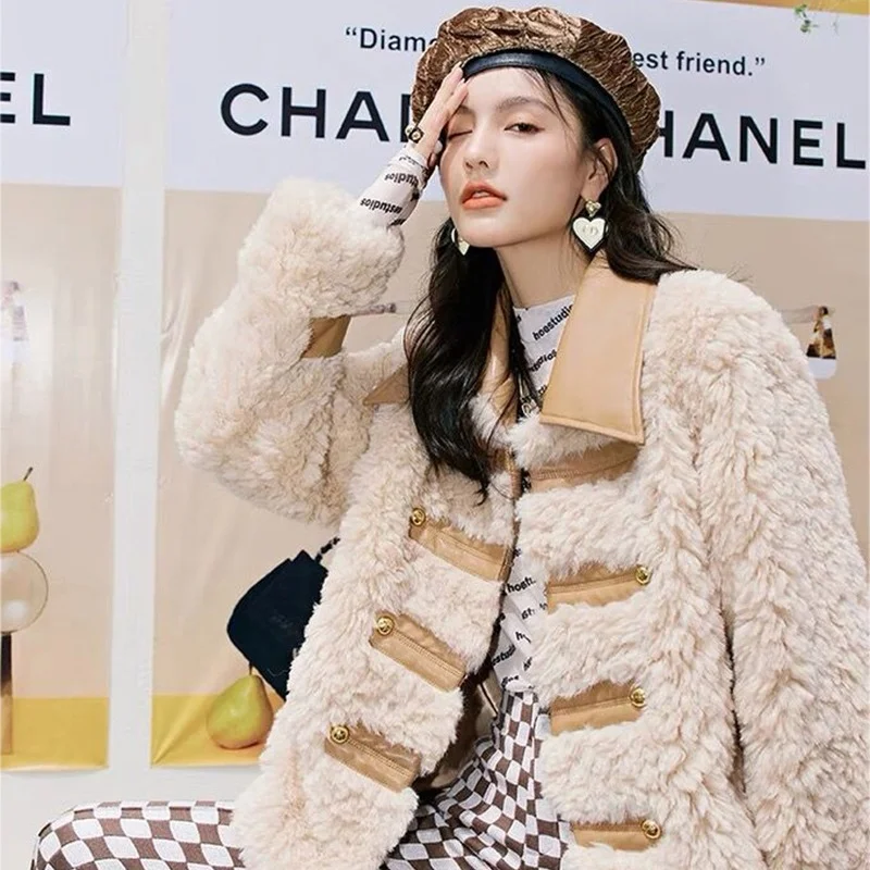 

Women Plush Short Fleece Coats Cotton Jacket 2021 Winter New Original Retro Simple PU Stitching Imitation Fur Lambswool Coats