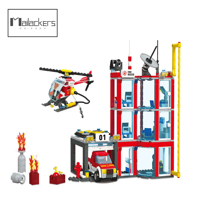 

Mailackers City Fire Administration Building Blocks Car Helicopter Construction Firefighter Man Truck Enlighten Bricks Toys Boys