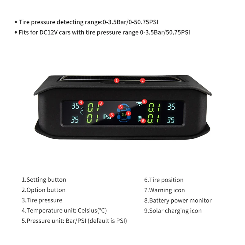 Easyguard Солнечная энергия перезаряжаемый автомобильный TPMS монитор давления в шинах с 4 внутренними датчиками поддержка PSI или BAR