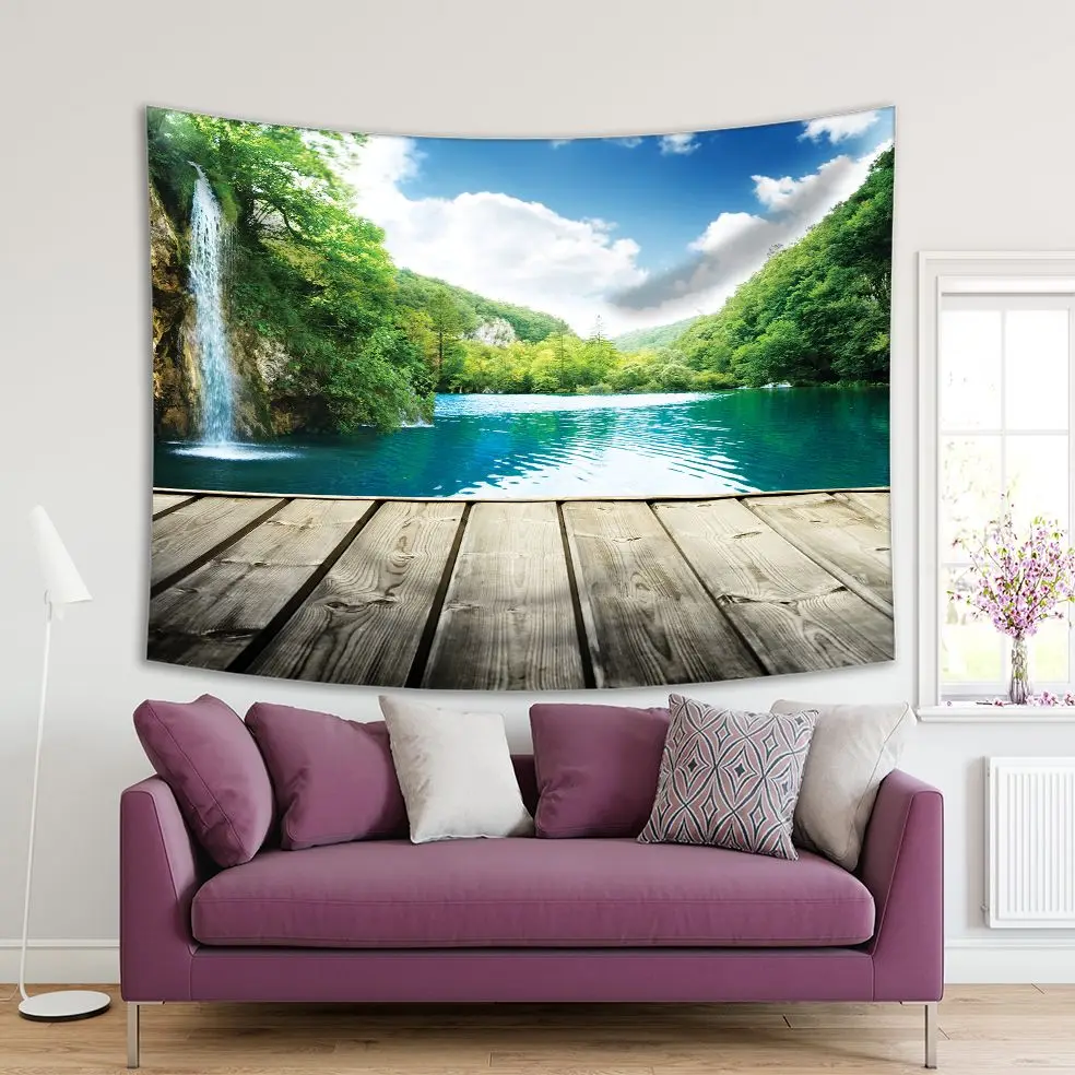 

Tapestry Waterfall and Wood Pier in Deep Forest of Croatia Mountain and View Waterscape Blue Green Teal