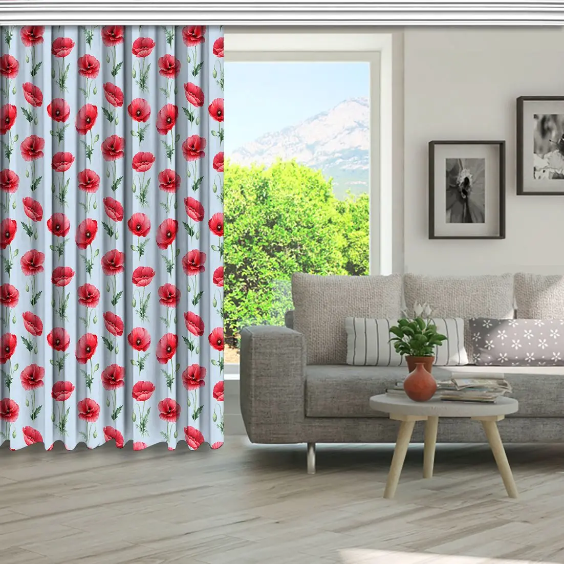 Занавеска цветы листья Акварельный узор весенний сад полевые красный зеленый