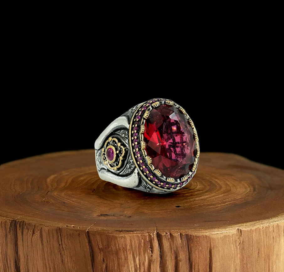 Мужское кольцо с гранатом Vuzera Винтажное из настоящего серебра 925 к подарок ручной