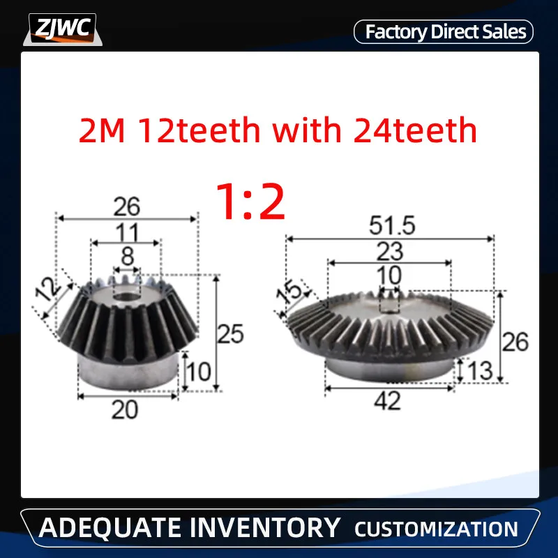 

2pcs 1:2 Bevel Gear 2 Modulus 12Teeth + 24teeth 90 Degree Drive Commutation Steel Gears Steel Gears