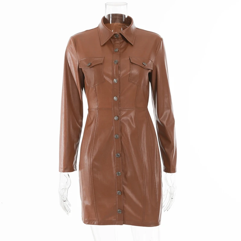 

Artificial PU Leather Bodycon Mini Dress Women 2020 Sexy Backless Hollow Out Party Club Dresses Single Breasted Clothing Brown