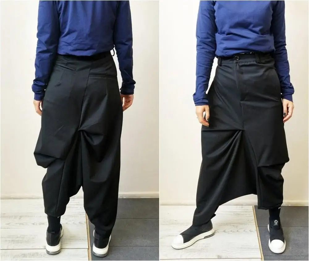 

New Women Cotton Original Design High Waist Wide Leg Culottes Big Crotch Harem Pants / Asymmetrical Slacks Trouser / Dark Black