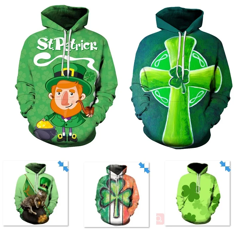 

Spring Autumn Mens Hoodies with Cap 3D Digital Print St Patrick's Day Long Full Sleeves Casual Front Pocket O Neck