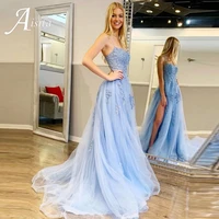 blue spaghetti straps prom dresses with lace chest deign wedding party dresses pleats split sweep train vestidos de fiest