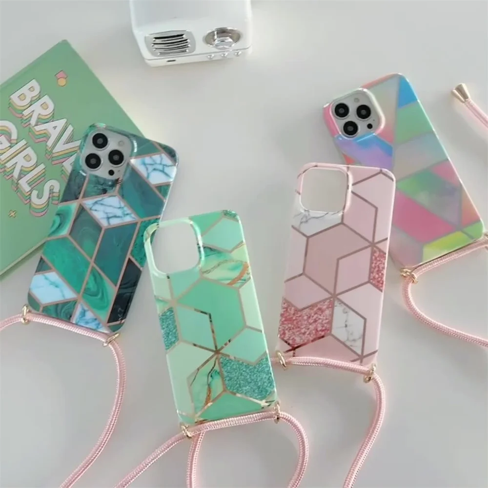

Plating Marble Lanyard Strap Cord Chain Phone case For iPhone 11 13 12 Pro Max X XS XR 7 8 Plus Shockproof Back Cover
