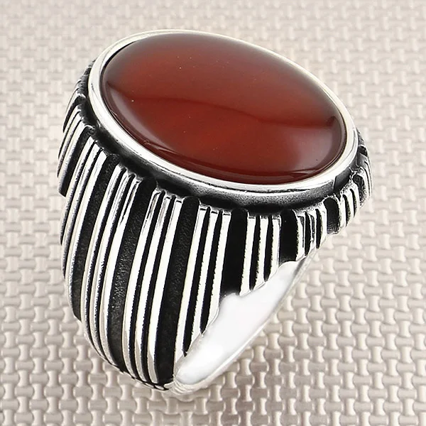 

Straight Thin Line Red Agate Gemstone Men Ring 925 Sterling Silver Jewellery Handmade Ring with Natural Gemstone Men Ring