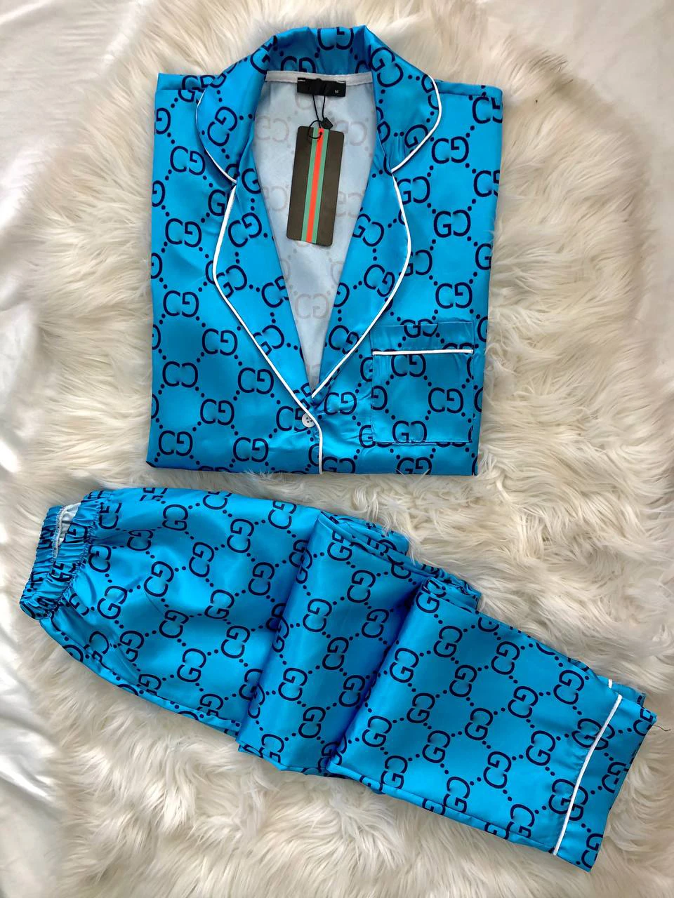 

Luxury Nightwear Clothes Blue Navy Satin Cotton size Pajamas Set Pyjamas kit