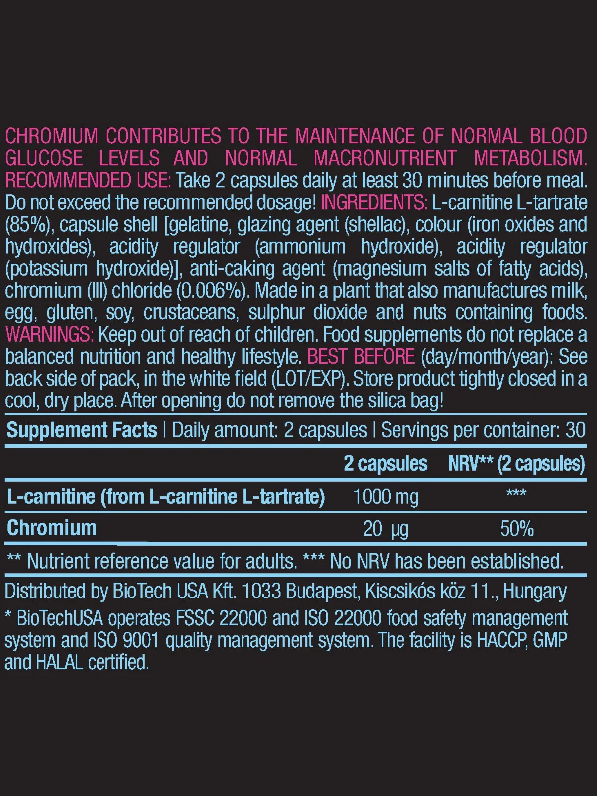 L-Карнитин+Хром / BioTechUSA L -Carnitine+Chrome/ 60 капсул |
