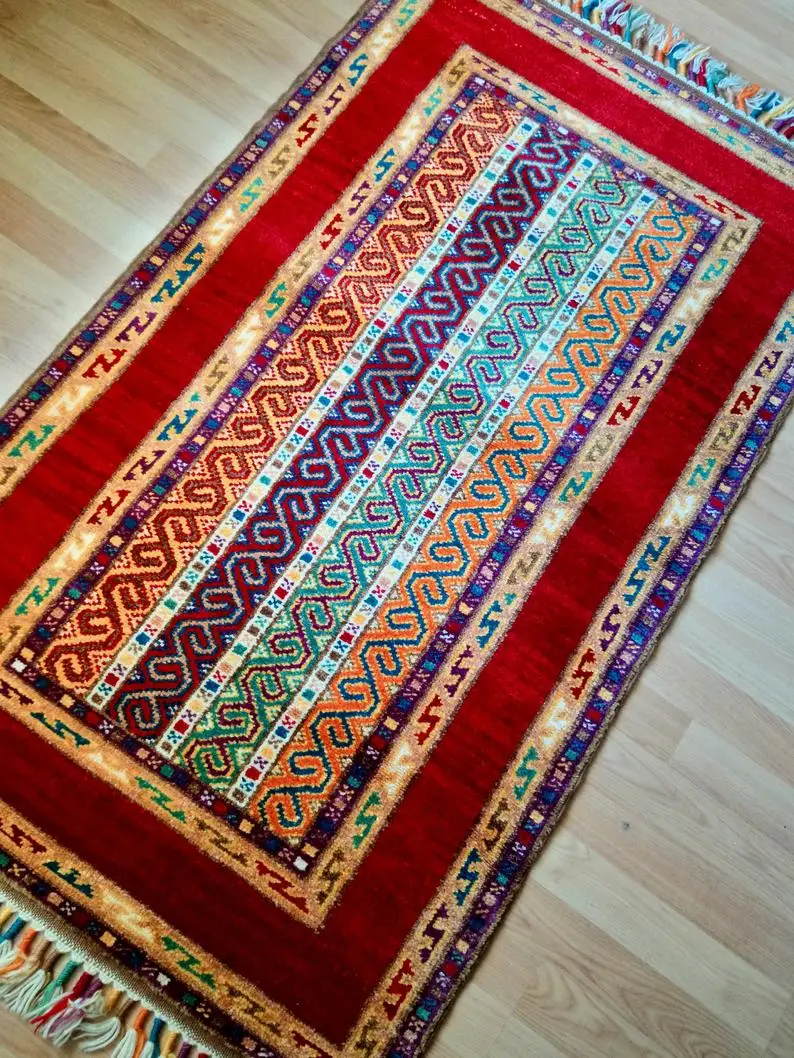 

Turkish Handmade Rug, Anatolian Hand knotted Red and Mustard Color Small Rug, Sivas Shall Oriental Handwoven Wool Carpet