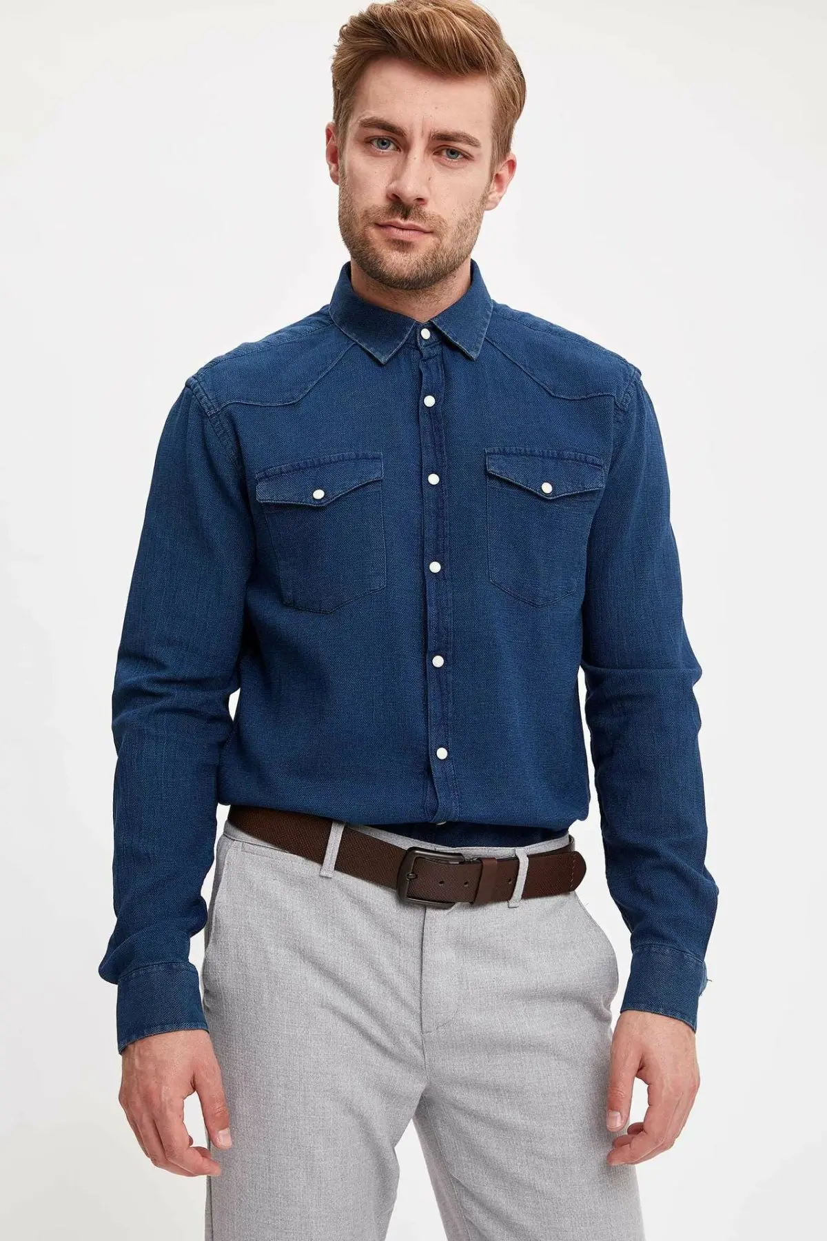 DeFacto модная однотонная повседневная мужская рубашка с воротником лацканами