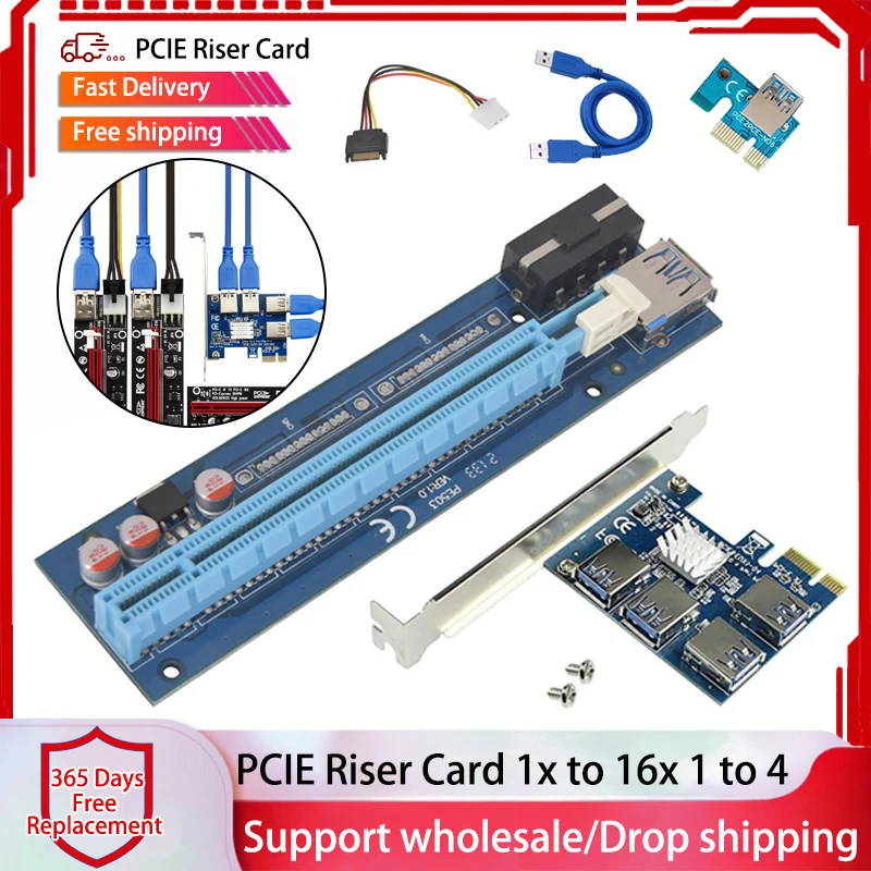 

PCI-E Riser Card 1 to 4 USB 3.0 X16 Extender Multiplier Hub VER010 Express 1X 16X Adapter PCIE Card For Bitcoin ETH Mining Miner