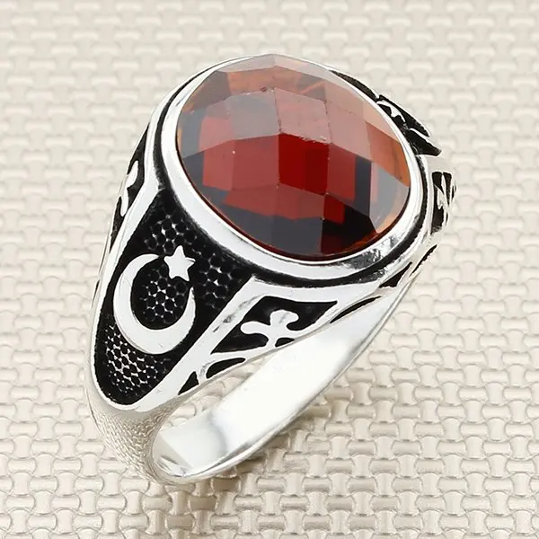 

Окисленный круглый красный камень циркон Для мужчин серебряное кольцо с полумесяц со звездой и турецким флагом мотив сплошной 925 пробы сере...
