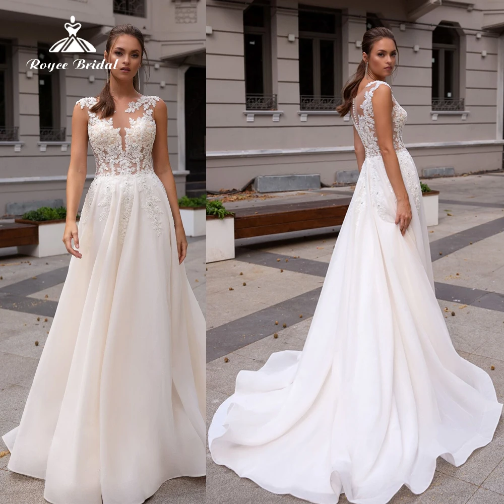 

Boho V-Neck Lace Appliques A-line Wedding Dress 2022 Organza Bridal Gown Short Cap Sleeve Sweep Button Floor-Length vestidos