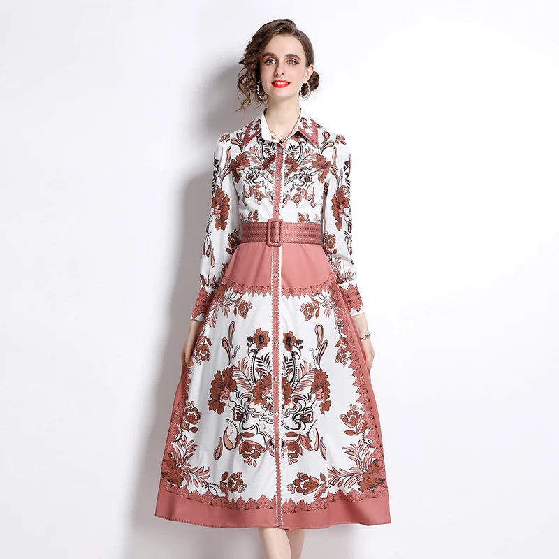 Vintage Flower Print Women Dress Fashion Turn-Down Collar Long Sleeve A-Line Dresses