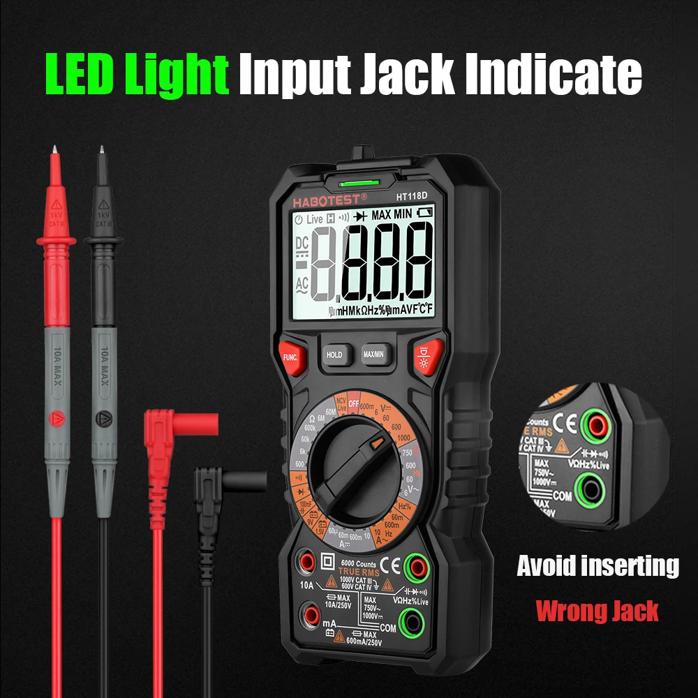 True RMS Digital Multimeter Multifuncion Tester AD/DC Ammeter NCV Voltage Meter 1000V 10A Ohm Frequency Continuity Test HT118