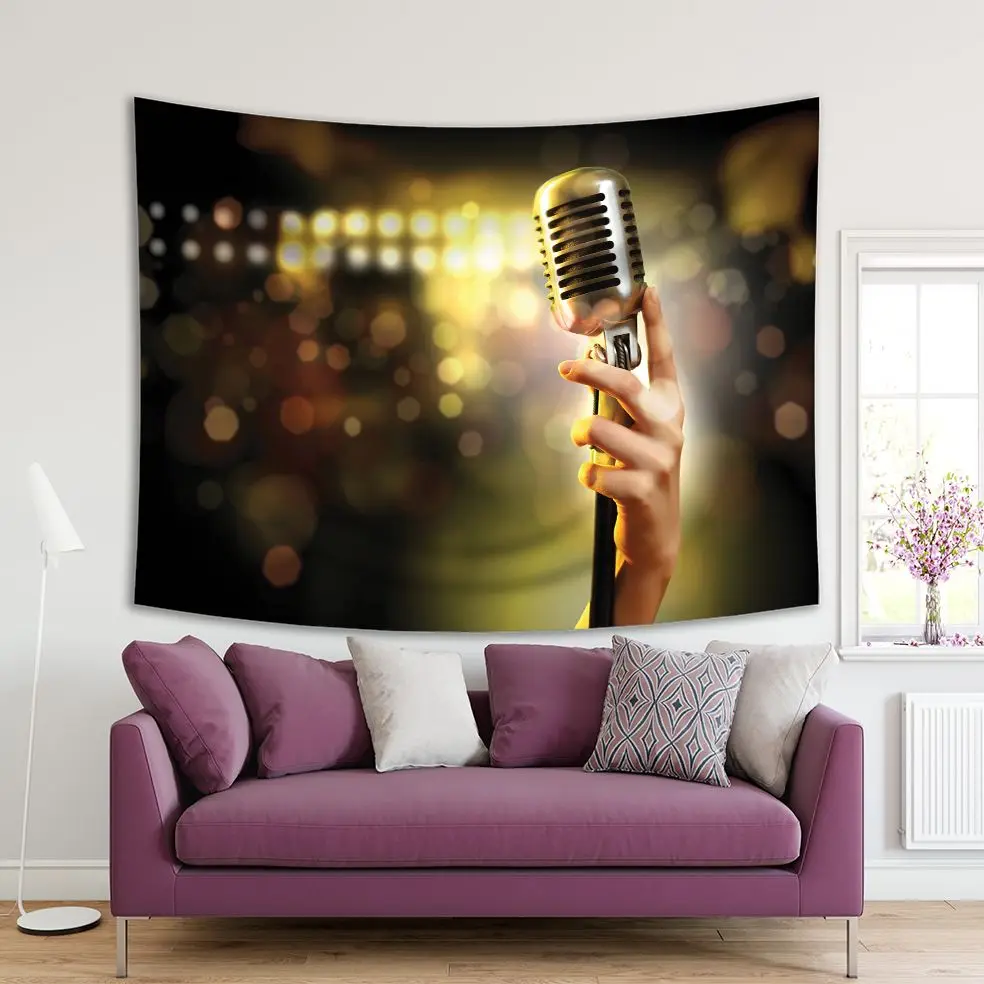 

Tapestry Hand Holding A Single Retro Microphone Against Colourful Blur Background Music Concert Art Theme