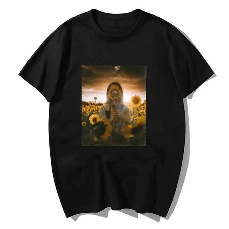 

Sunflower Cotton Harajuku Aesthetics Tshirt Sexy Flowers Feather Print Short Sleeve Tops & Tees Fashion Casual Couple T Shirt
