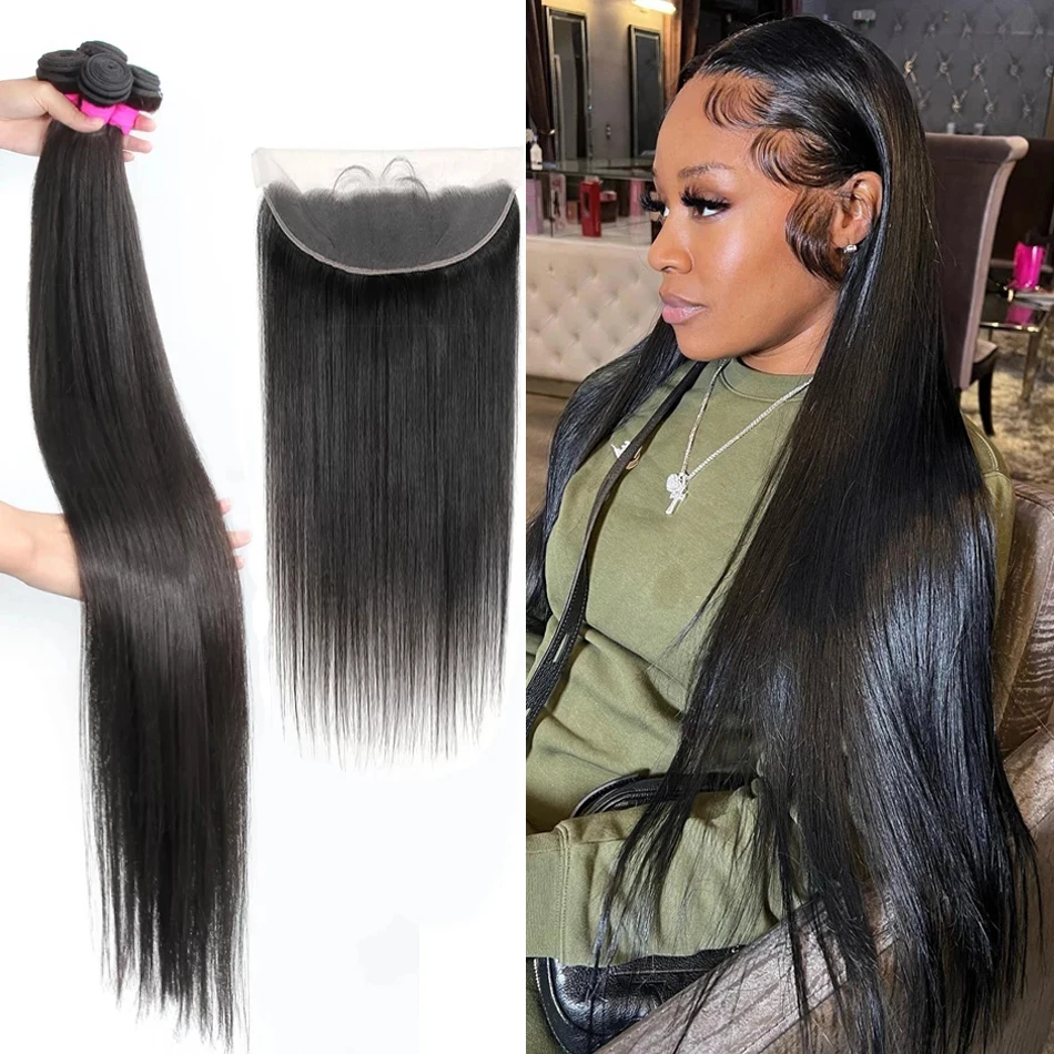 Прямые Пучки кость с фронтальной застежкой длинные 13x4 прозрачные кружева 30 34