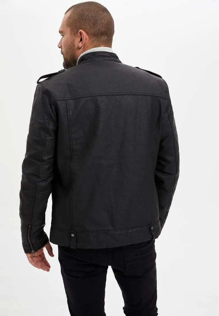 DeFacto Мужская мода лацканы ПУ короткие куртки для мужчин повседневные кожаные