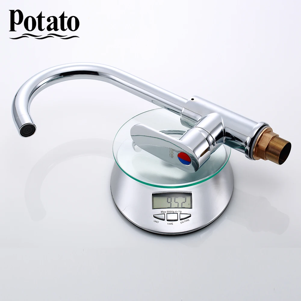 

Potato High Arc Brass Body Chrome Polished Sink Faucet Rotatable Hot and Cold Water Mix Tap Single Handle Kitchen Faucet p40220