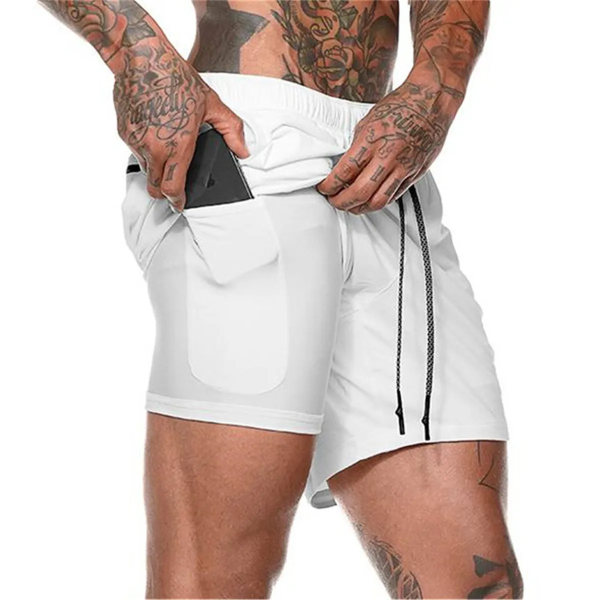 High Quality Double-deck Athletic Fitness Running Sport Workout Lining Gym Short With Phone Pocket Men's Boxer White Shorts