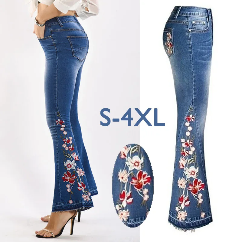 

Ladies High Waist 3D Embroidery Dark Blue Flare Jeans Women Elasticity Bell-Bottoms Stretching women Jeans Large Size